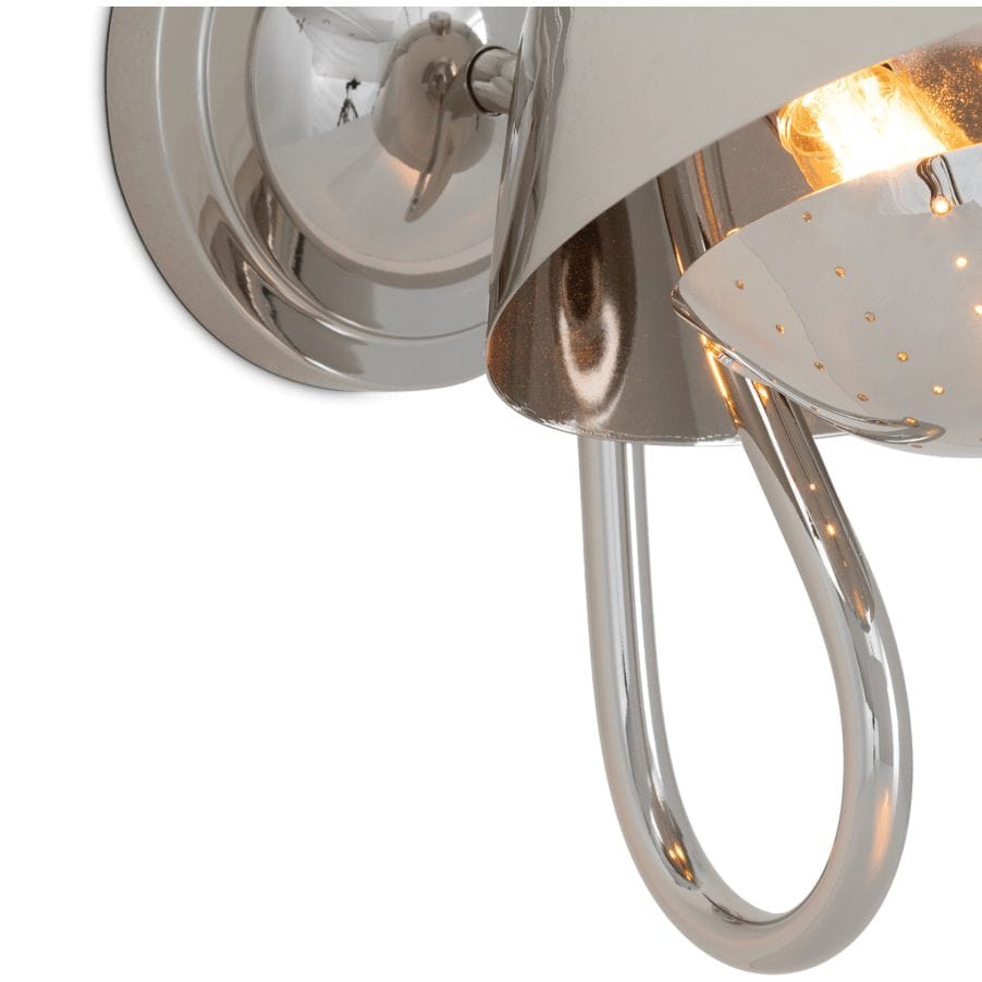 Keaton Single Sconce, polished nickel, retro-style with perforated metal diffuser and exposed bulb.