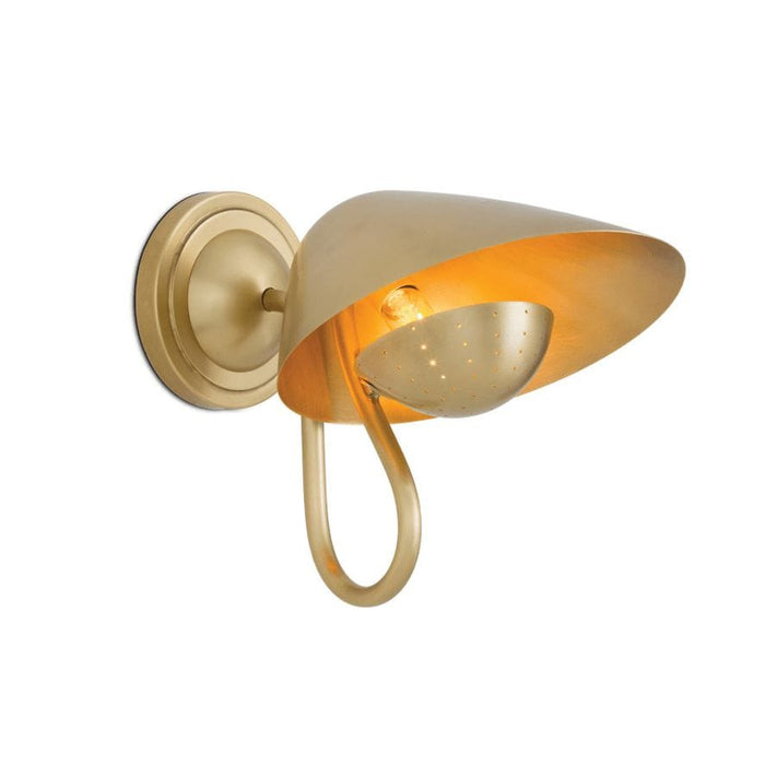 Keaton Single Sconce, retro-style brass wall light with a perforated metal diffuser and warm glow.
