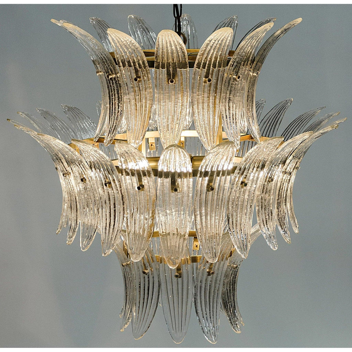King 3-tier crystal chandelier with curved glass crystals and a burnished brass frame, 28.5"H.