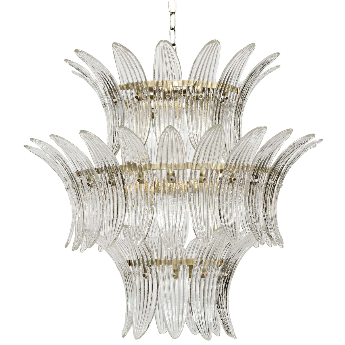 King 3-tier crystal chandelier with curved glass crystals and a burnished brass frame.