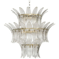 King 3-tier crystal chandelier with curved glass crystals and a burnished brass frame.