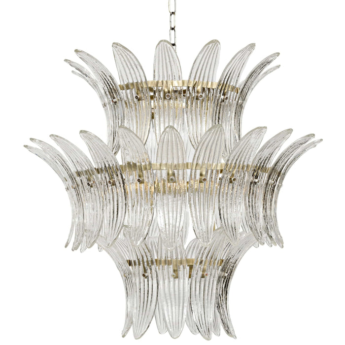 King 3-tier crystal chandelier with curved glass crystals and a burnished brass frame.