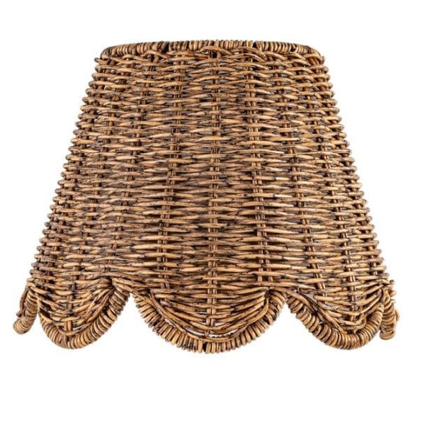 Woven rattan-like sconce shade with a scalloped bottom edge, perfect for a coastal cottage vibe.