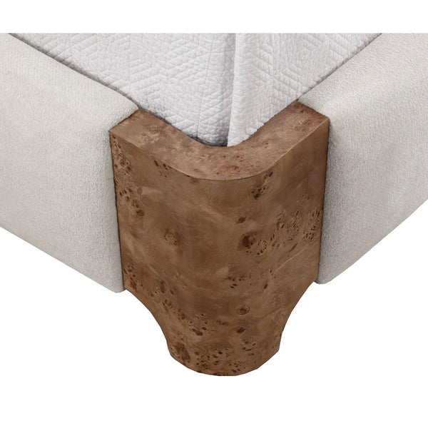 Knowles Ivory Upholstered & Mappa Burl King Bed - Bed Headboard Detail | Bone & Brass
