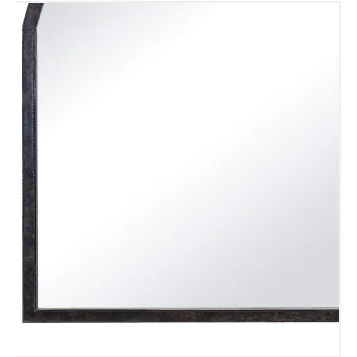 Knox Black Leather Mantle Mirror, an arched mirror with traditional leather craftsmanship.