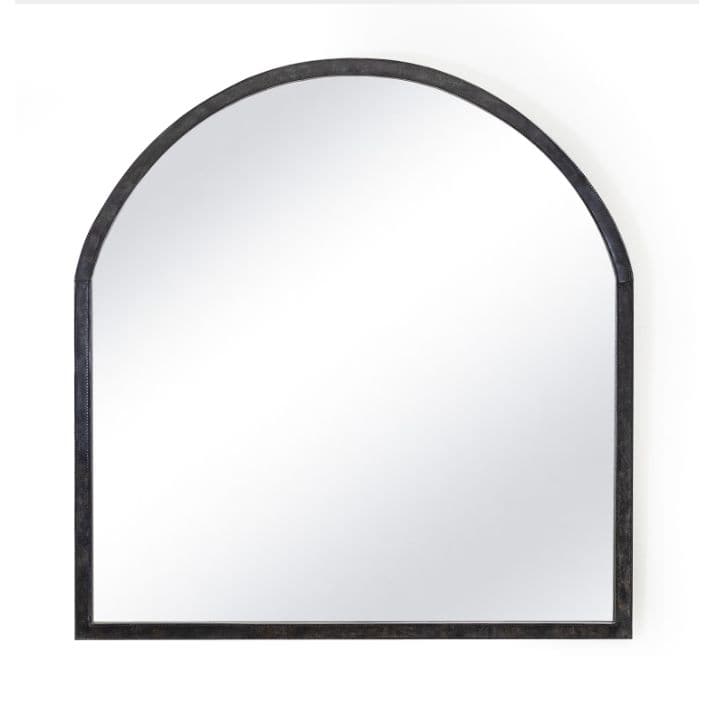Knox black leather arched mantle mirror with a modernized silhouette.