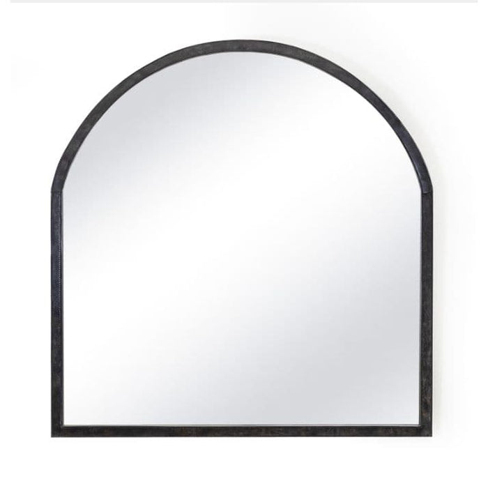 Knox black leather arched mantle mirror with a modernized silhouette.
