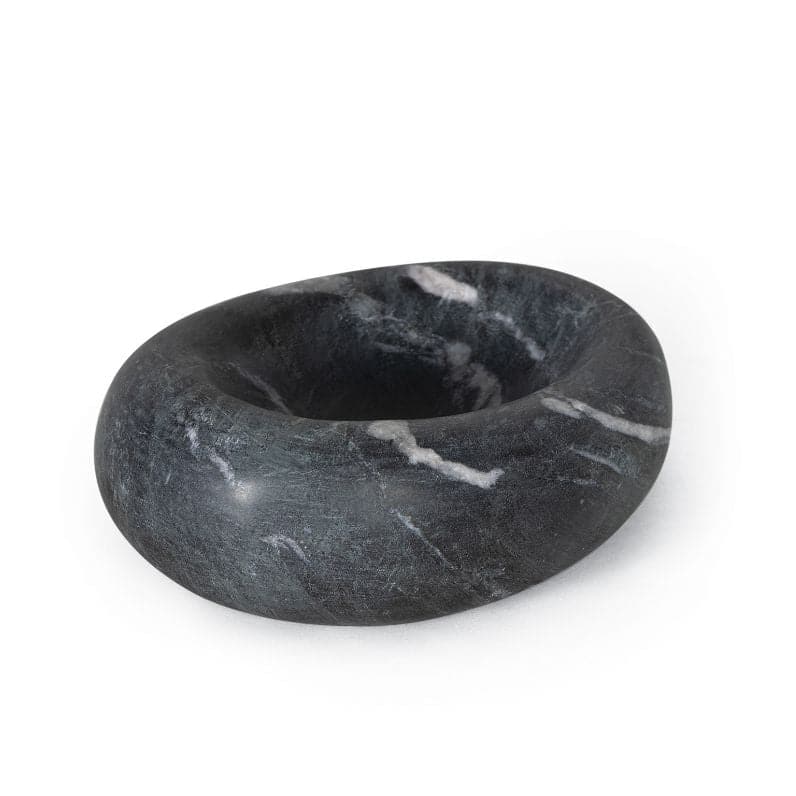 Dark gray marble bowl with white veining, an oval shape, and a smooth finish.