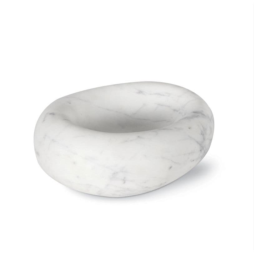 Smooth, oval white marble bowl with subtle gray veining, 7" wide, on a white background.