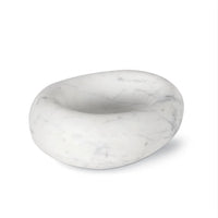 Smooth, oval white marble bowl with subtle gray veining, 7" wide, on a white background.