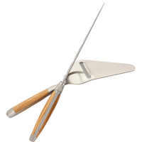 Metal cheese knife with wooden handle on a white background