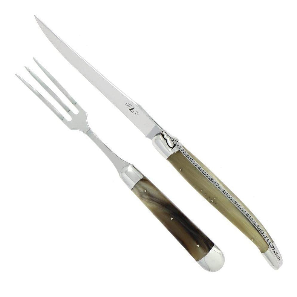 Laguiole XL Carving Set Horn Tip Handle Shiny Finish | Bone & Brass