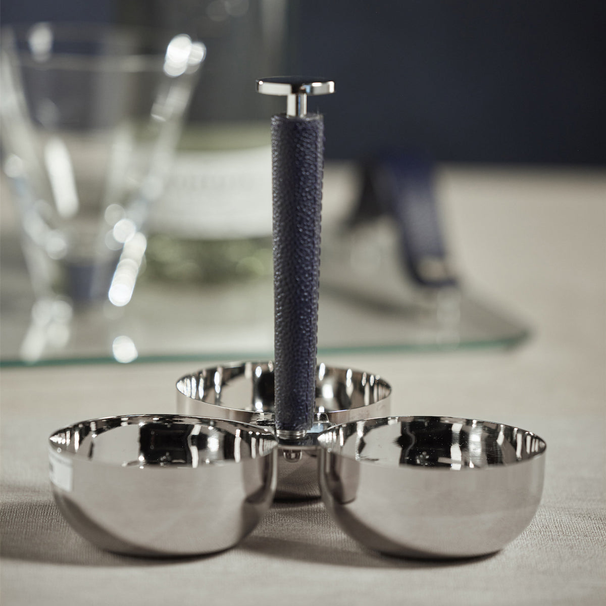 Laguna Nickel & Navy Leather Condiment Set - Dish Detail | Bone & Brass