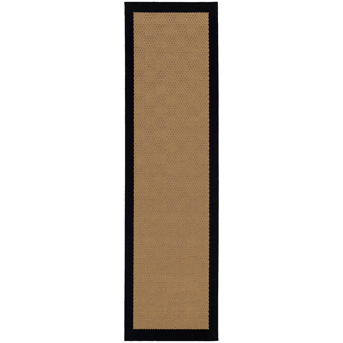 Lanai Beige & Black Outdoor Rug, long runner with woven polypropylene and black border.