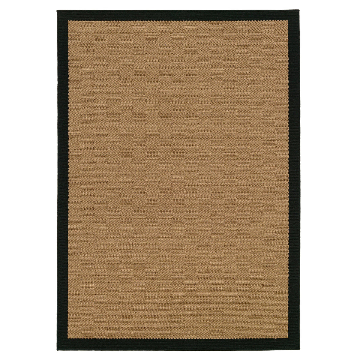 Lanai Beige & Black Outdoor Rug with a woven polypropylene texture and black border.