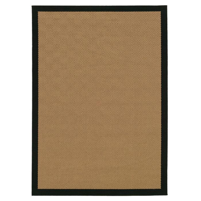 Lanai Beige & Black Outdoor Rug with a woven polypropylene texture and black border.