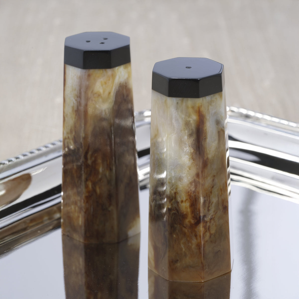Langham Burl Wood Salt & Pepper Shaker Set - Shaker Detail | Bone & Brass