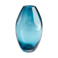 Large ocean blue glass vase with an elegant, teardrop shape.