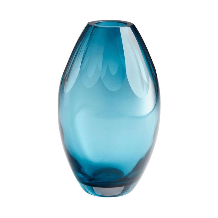 Large ocean blue glass vase with an elegant, teardrop shape.