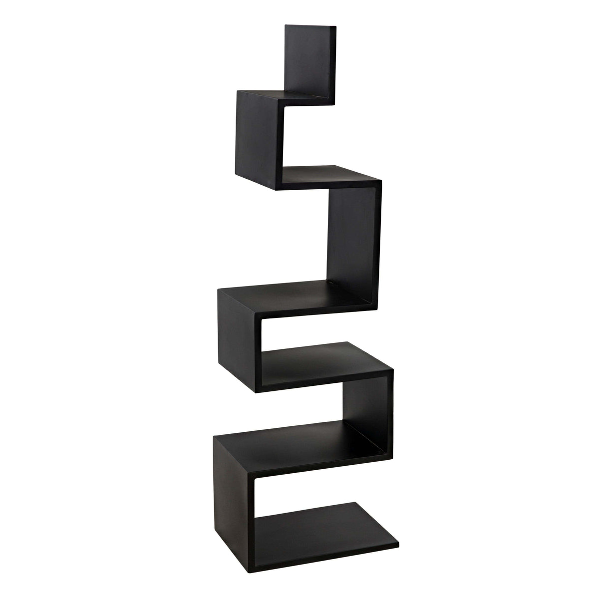 Black steel Laszlo bookcase with a unique zigzag, industrial-inspired design and five shelves.