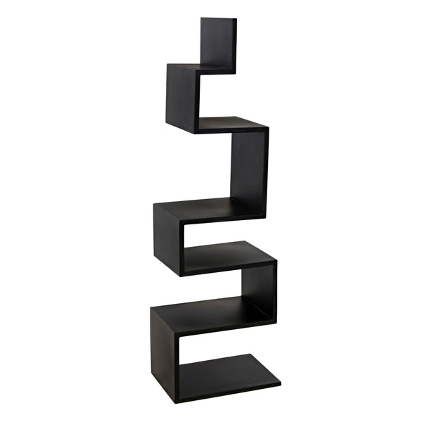 Black steel Laszlo bookcase with a unique zigzag, industrial-inspired design and five shelves.