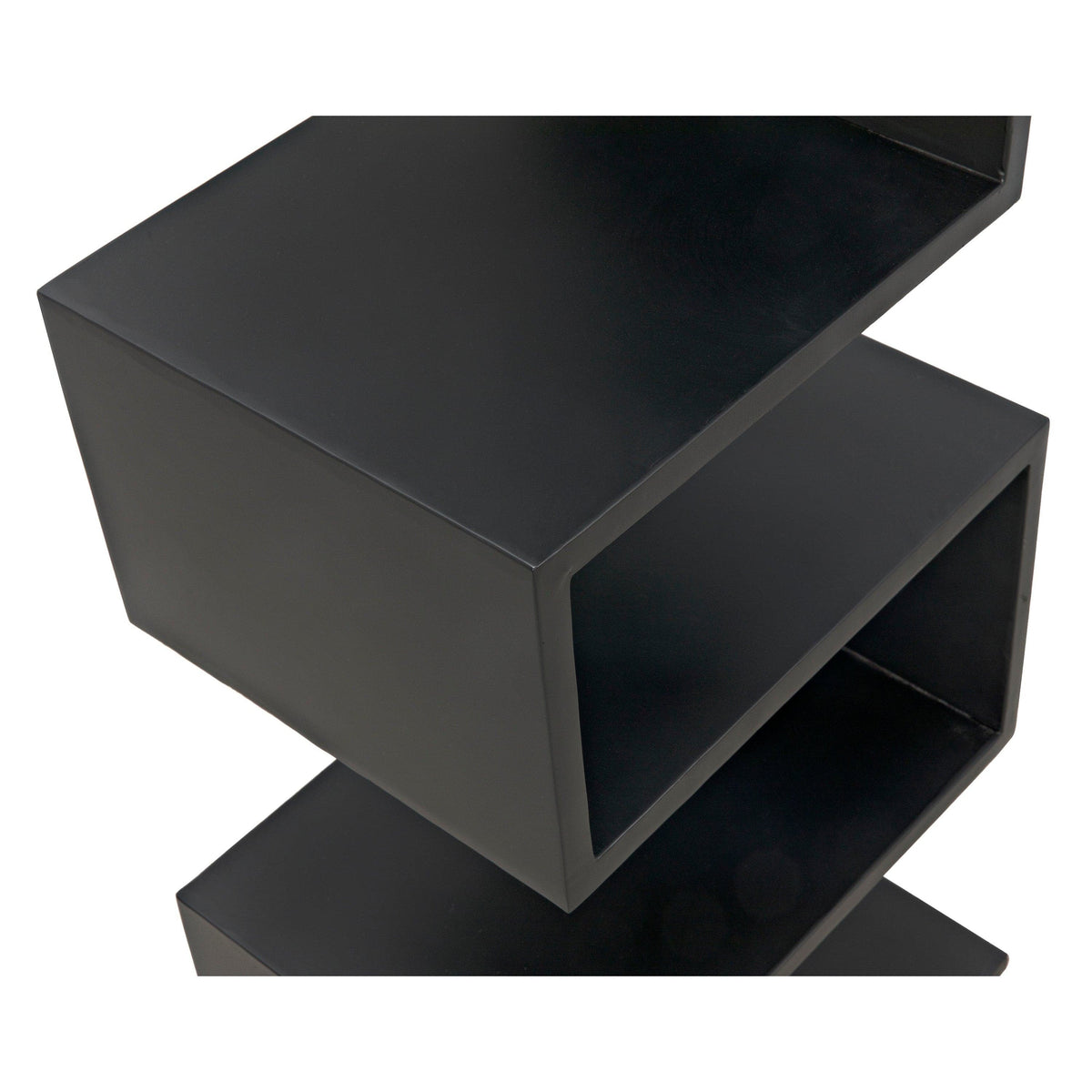 Black steel Laszlo bookcase with a sleek, industrial-inspired zigzag design and deep black finish.
