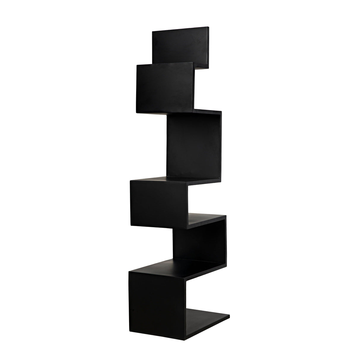 Black steel Laszlo bookcase with industrial-inspired, sleek zigzag design and multiple shelves.