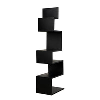 Black steel Laszlo bookcase with industrial-inspired, sleek zigzag design and multiple shelves.