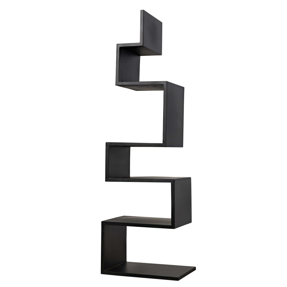 Laszlo black steel bookcase with a sleek, industrial-inspired zigzag design and five shelves.
