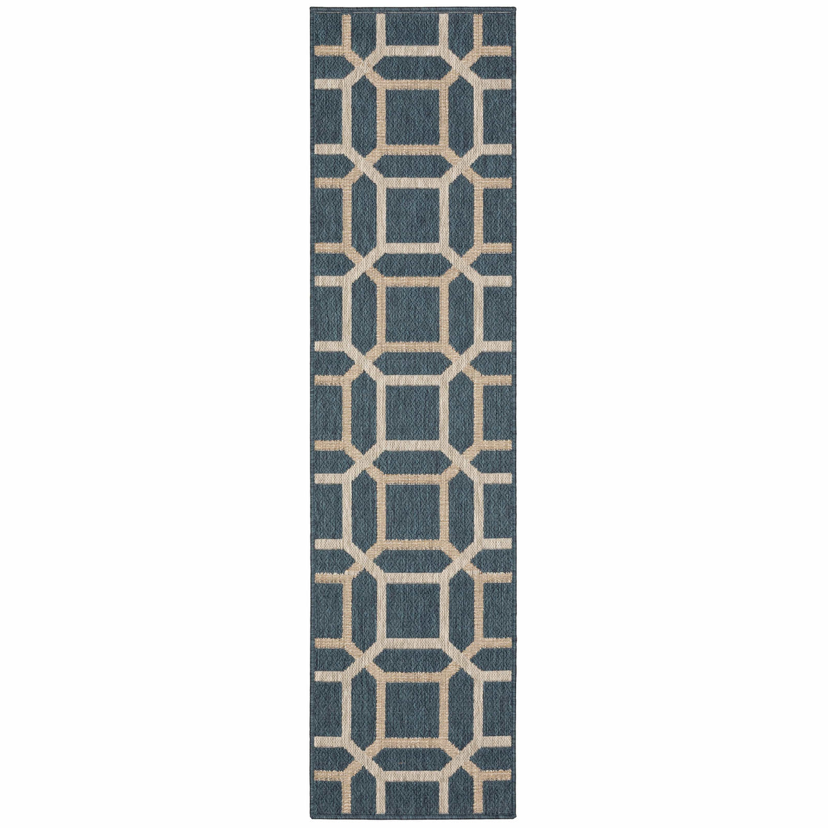 Latitude Blue & Grey Outdoor Rug, polypropylene, featuring a modern geometric pattern.
