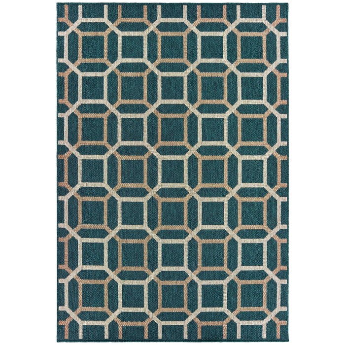 Latitude Blue & Grey Outdoor Rug with a geometric square pattern, made from durable polypropylene.