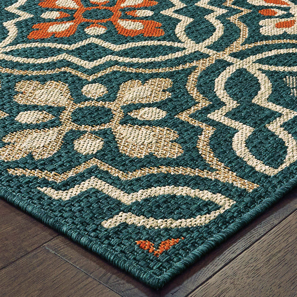 Latitude Blue & Orange Outdoor Rug with traditional and modern patterns, made from durable polypropylene.