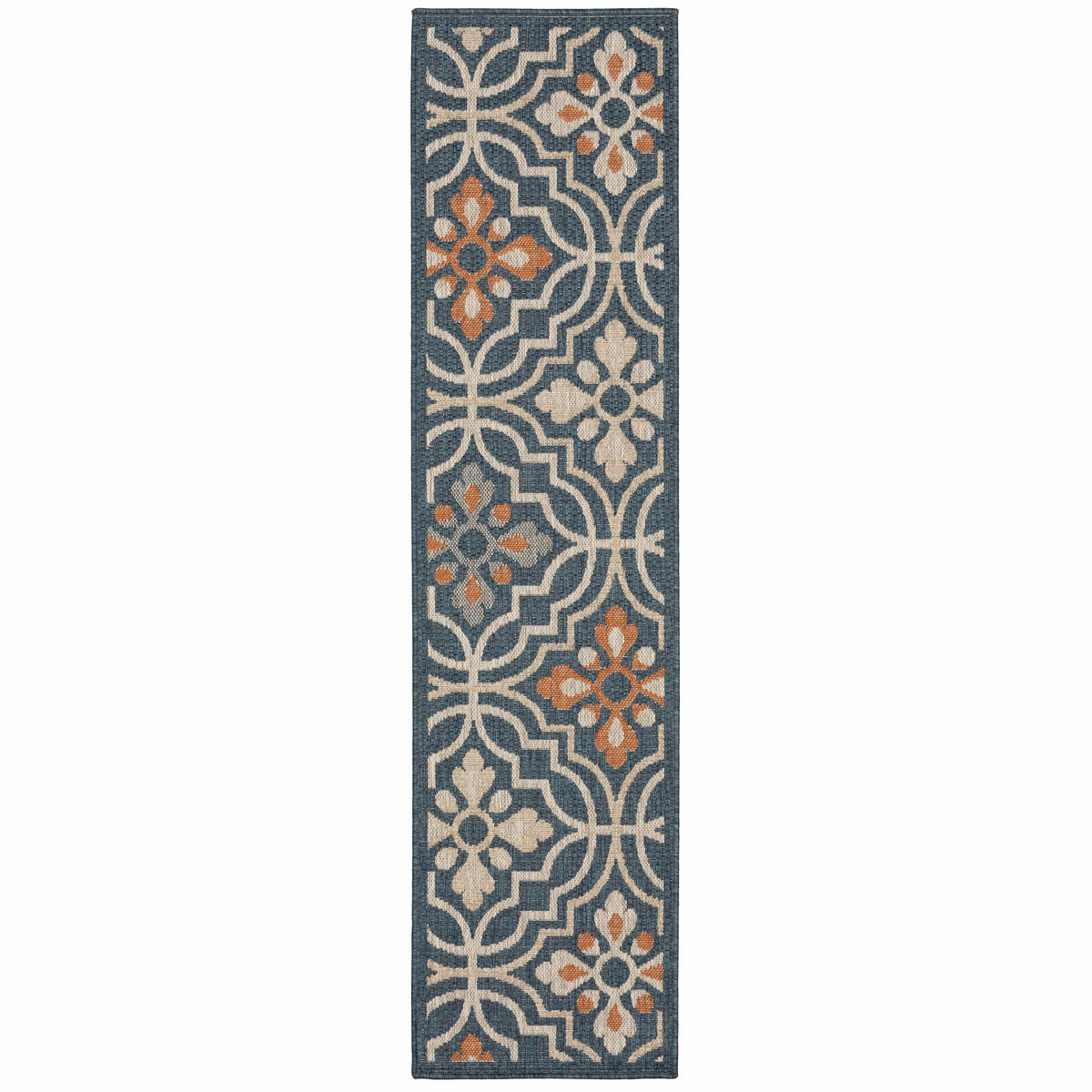 Latitude Blue & Orange Outdoor Rug with traditional-modern polypropylene pattern.