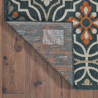 Latitude Blue & Orange Outdoor Rug, polypropylene, with a traditional-modern pattern, curled to show woven backing.