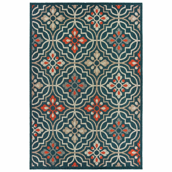 Latitude Blue & Orange Outdoor Rug with traditional and modern patterns, made from durable polypropylene.