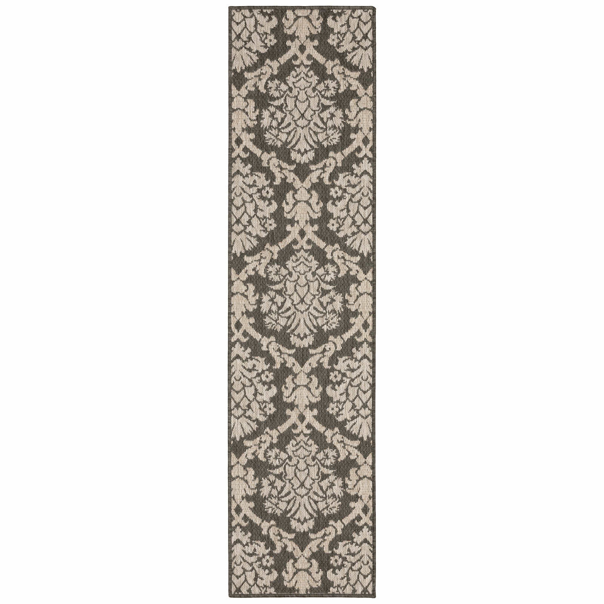 Latitude Grey & Charcoal outdoor rug with traditional damask pattern, made from durable polypropylene.