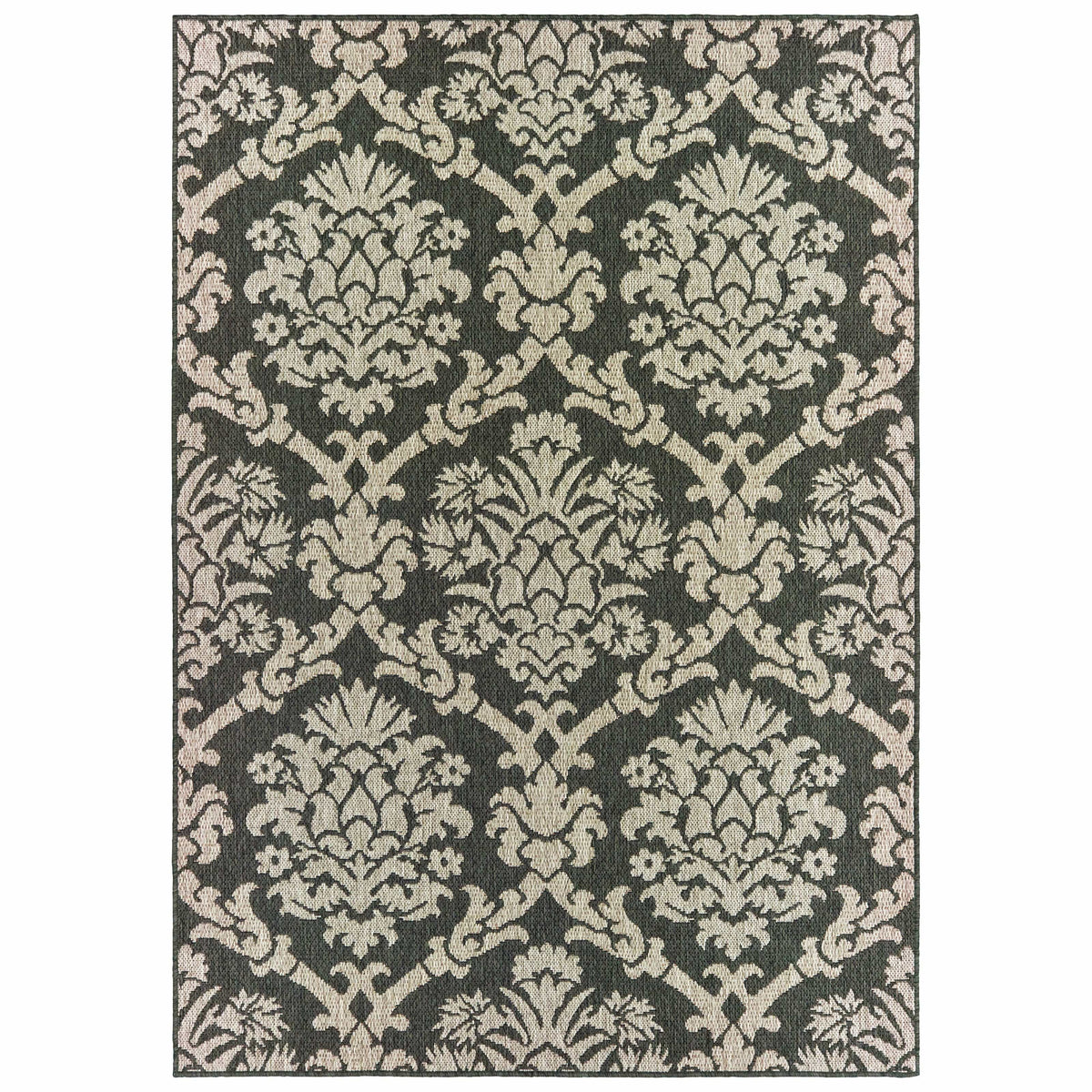 Latitude Grey & Charcoal Outdoor Rug with traditional damask pattern, durable polypropylene.