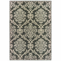 Latitude Grey & Charcoal Outdoor Rug with traditional damask pattern, durable polypropylene.