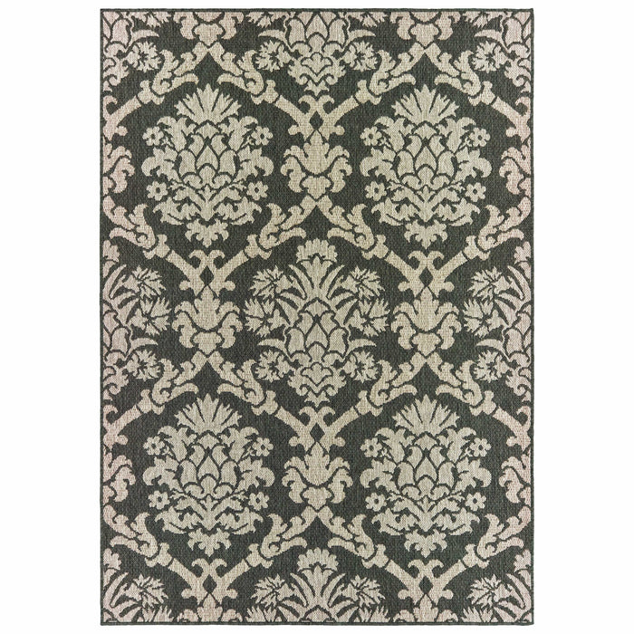 Latitude Grey & Charcoal Outdoor Rug with traditional damask pattern, durable polypropylene.