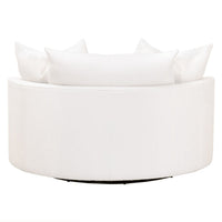 Lauren white boucle grand swivel sofa chair with three down throw pillows.