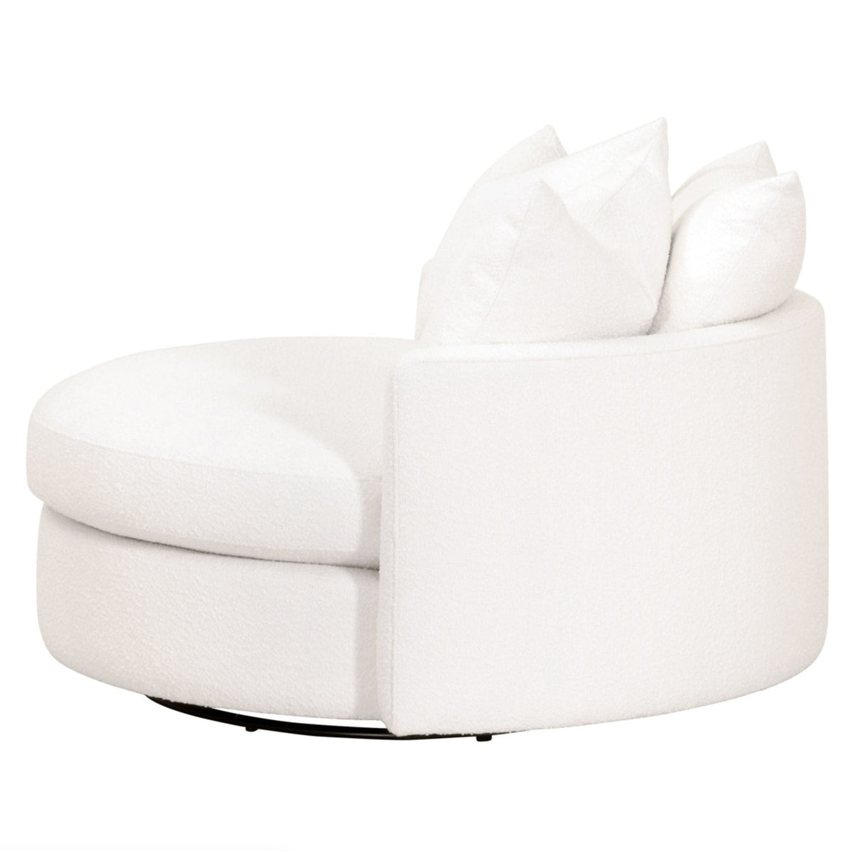 Lauren White Boucle Grand Swivel Sofa Chair with three down throw pillows.