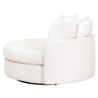 Lauren White Boucle Grand Swivel Sofa Chair with three down throw pillows.