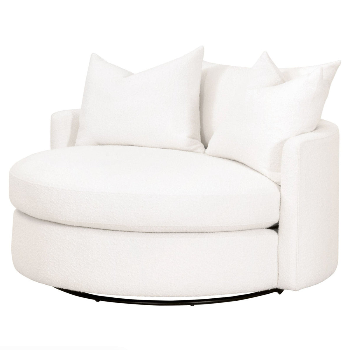 Lauren white boucle grand swivel sofa chair with three down throw pillows.