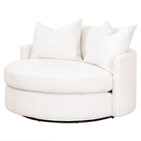 Lauren white boucle grand swivel sofa chair with three down throw pillows.