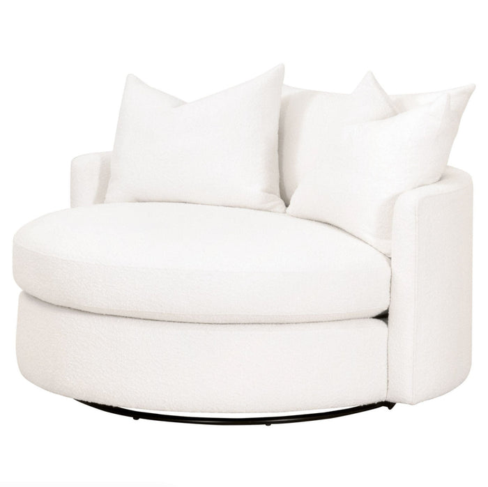 Lauren white boucle grand swivel sofa chair with three down throw pillows.
