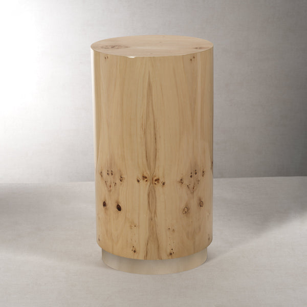 Leela Burl Wood Stool | Drink Table - Table Side View | Bone & Brass