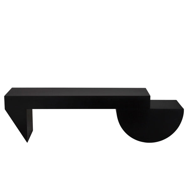 Leo Black Rectangle Coffee Table with a minimalist design, matte black industrial steel frame, and walnut wood top.