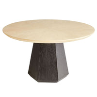 Liam 54-inch round dining table with natural oak sunburst top and tapered black oak hexagonal base.