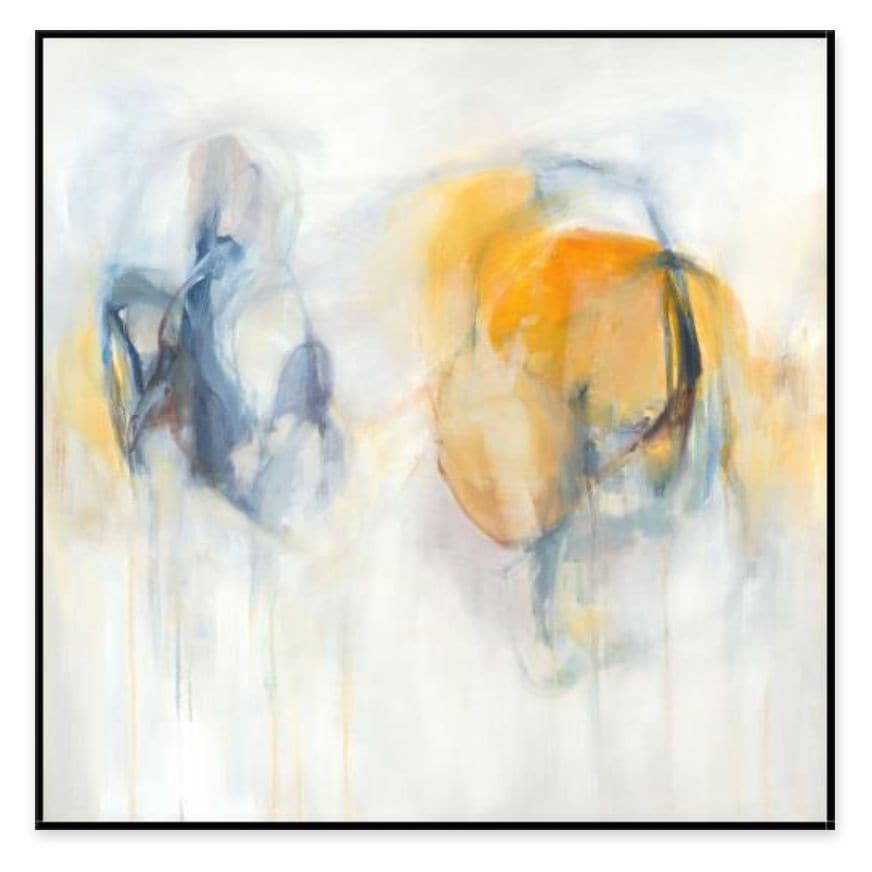 Abstract giclee painting, "Light My Life II," with soft blue, yellow, and orange brushstrokes on a white background.