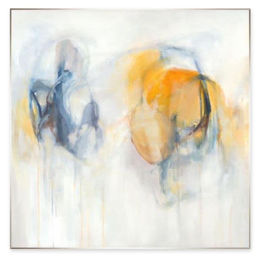 Abstract giclee painting with soft blue and warm yellow brushstrokes on a white background, framed.